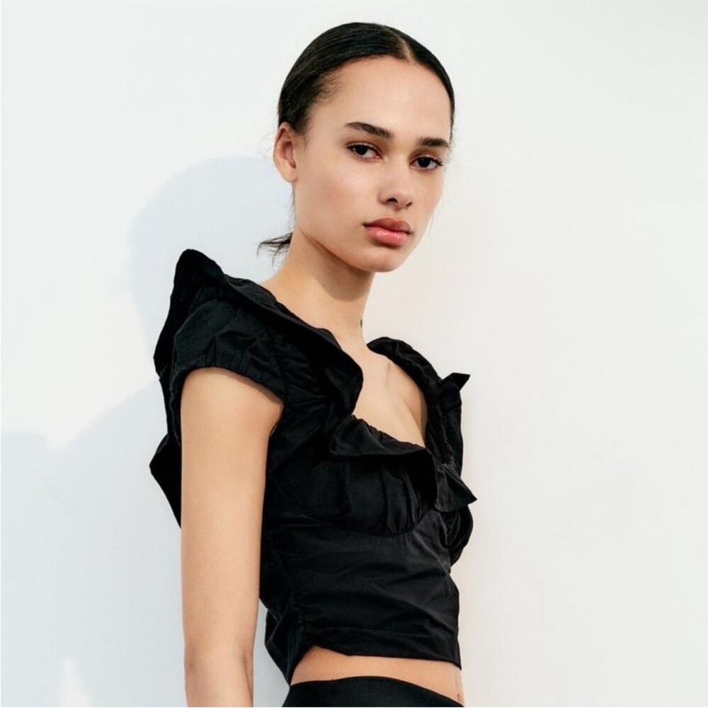 Zara Black Ruffled Crop Top-Large - Picture 5 of 10